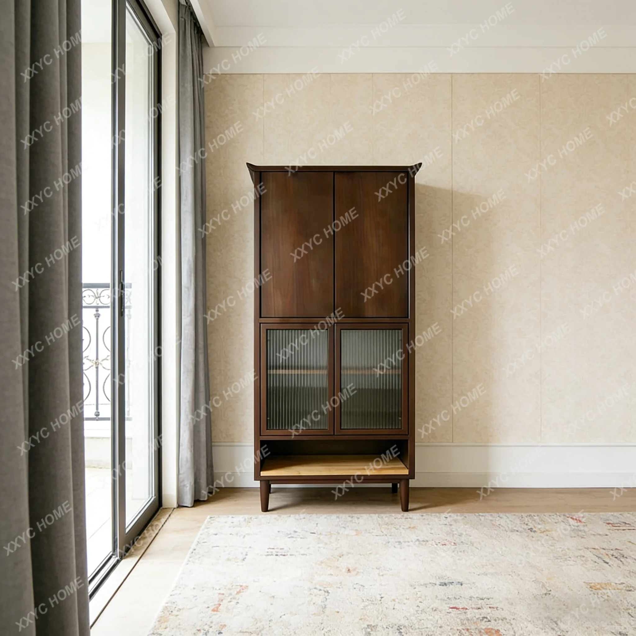 Solid wood glass door silent guide rail storage cabinet dining side cabinet living room storage chest cabinet