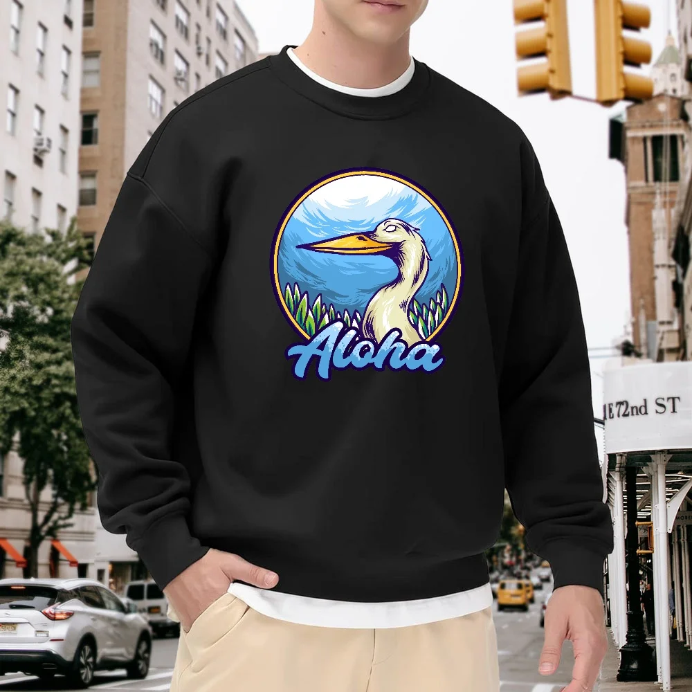 

Men's Black Crew Neck Loose Sweatshirt with Fun Pelican Print and Aloha Letter Pattern, Casual Street Style Top, Comfortable and Versatile for Everyday Wear