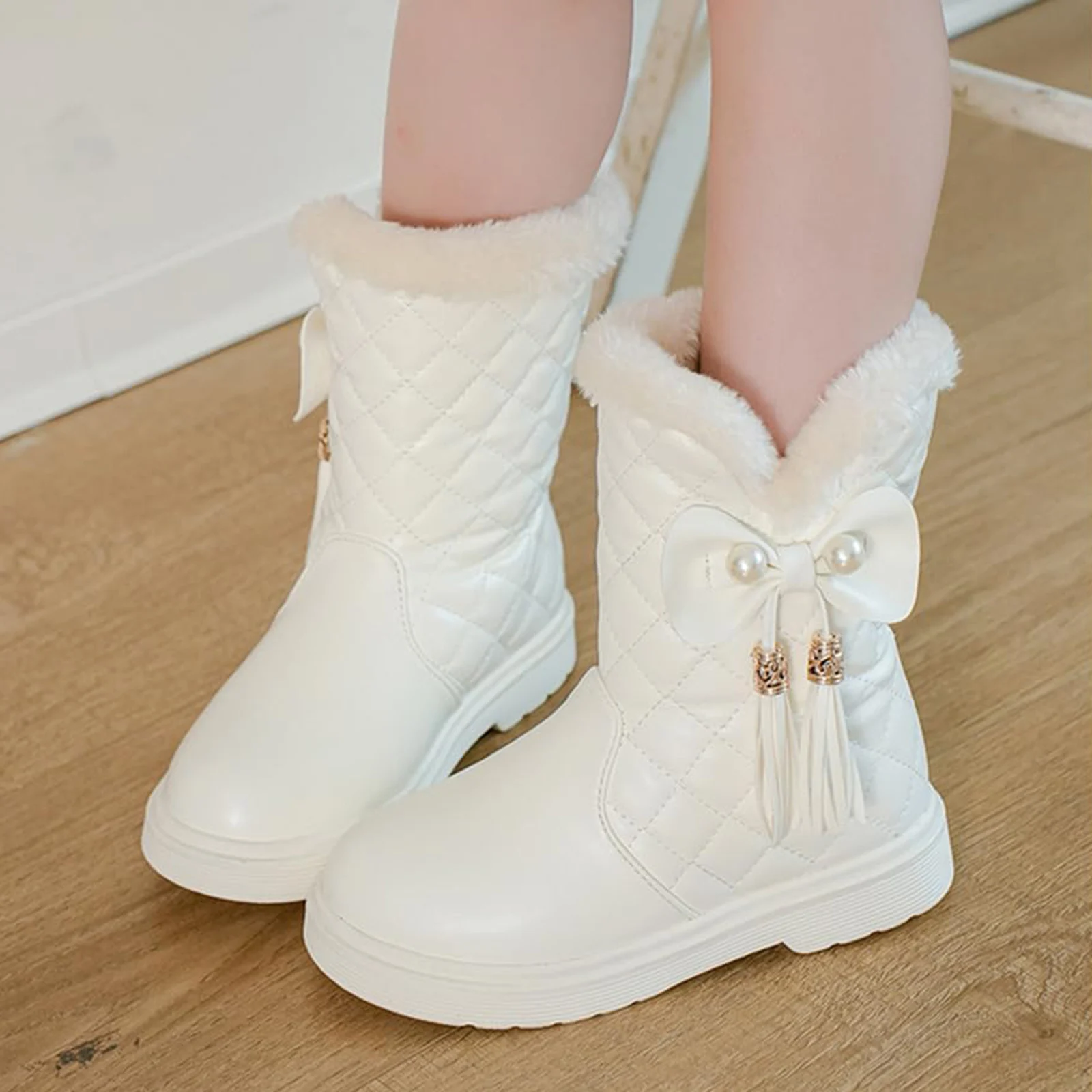 

Fashion Boots Girls' Faux Fur Ankle Boots White Quilted Pearl-Bow Warm Toddler Winter Daily 2026 Trendy Cute Footwear Abito
