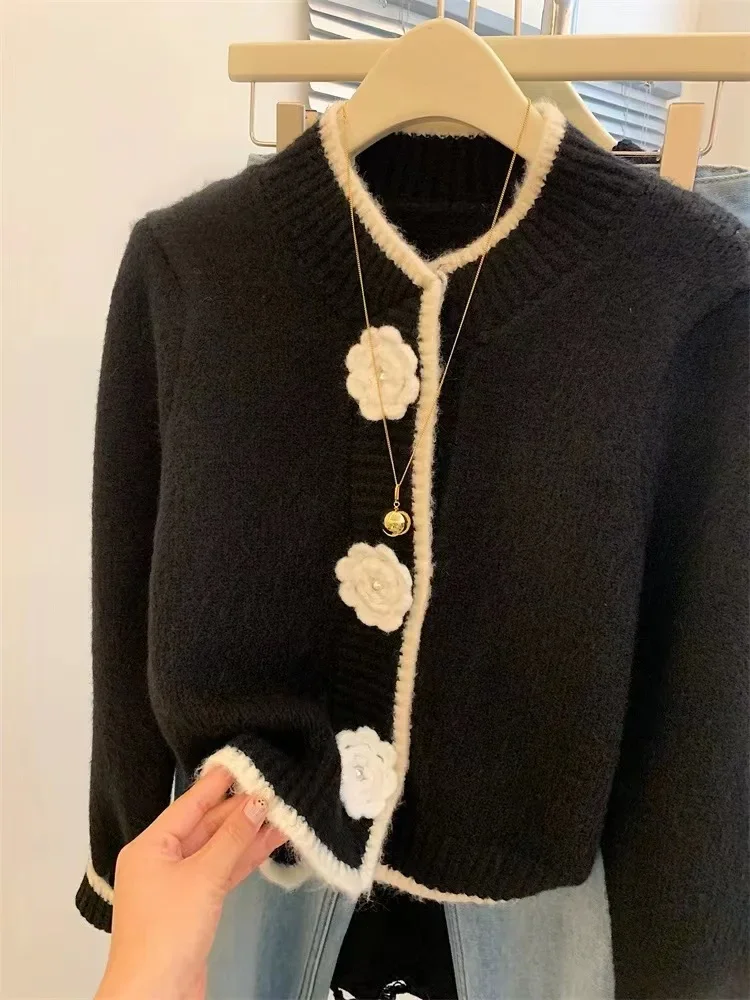 Vintage Chic Flower Sweater Women Autumn Winter Korean Fashion V-Neck Long Sleeve Temperament Gentle Soft Knitted Cardigan Mujer