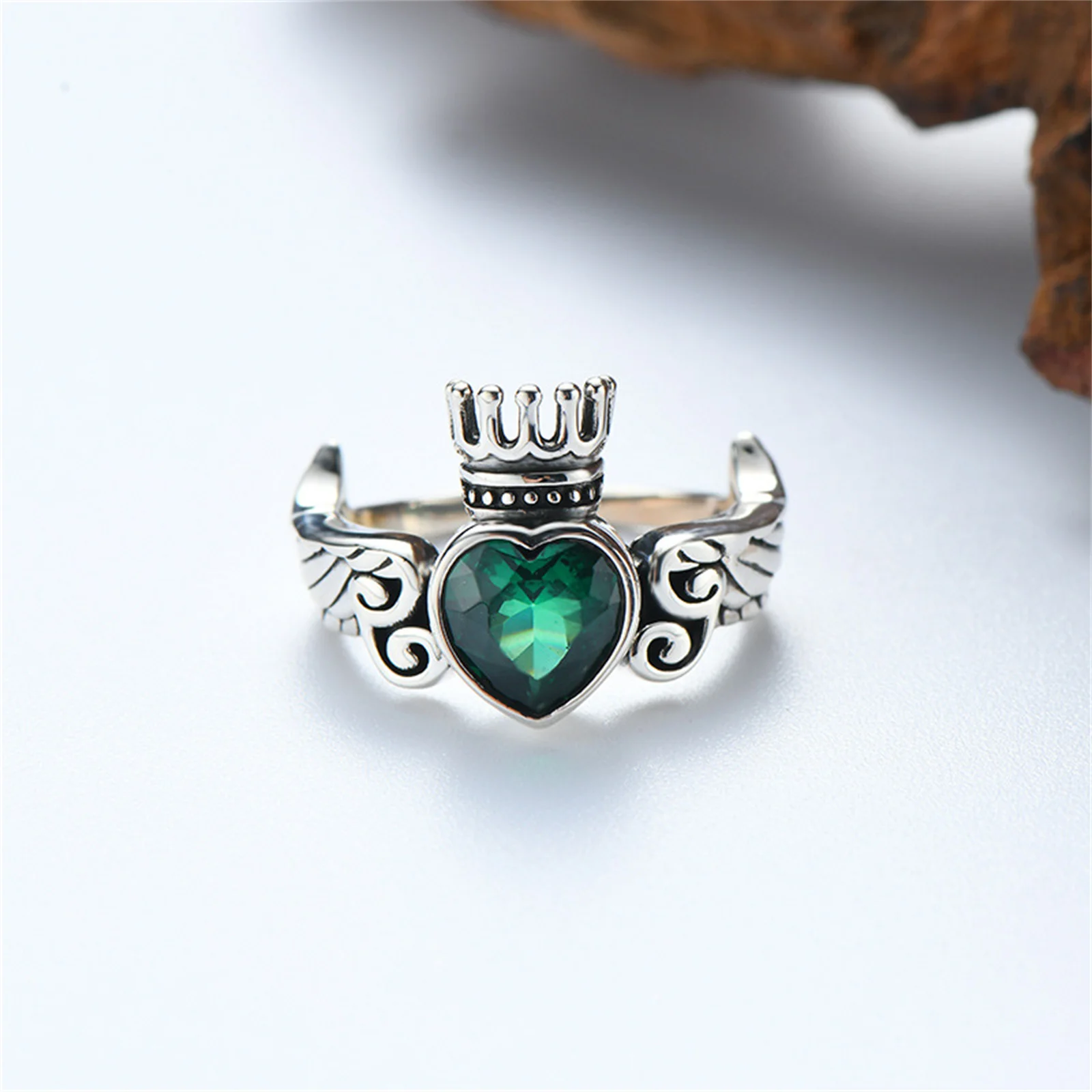 Claddagh Ring Sterling Silver 925 Green Zircon Heart Crown Trendy Classic Design Angel Wings Adjustable Irish Jewelry