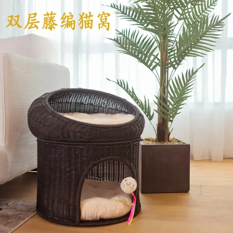 Handcrafted Two-layer Wicker Feline Manor, Merged Claw-grinder Lounger, Stylish Indoor Kitty Refuge