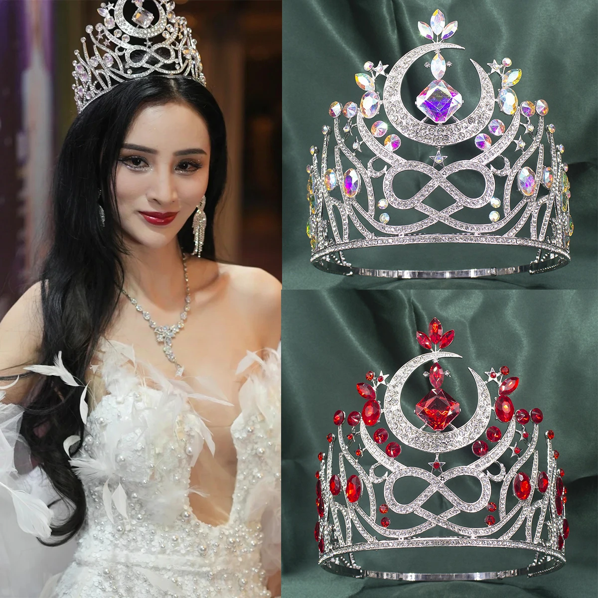 New Moon Goddess Crown Hair Accessory High-end European Baroque Performance Miss World Beauty Pageant Head Jewelry
