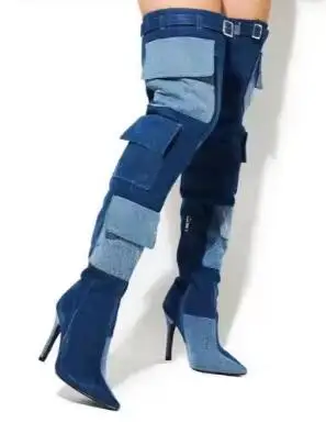 Drop Shipping Blue Denim Patchwork Pockets Pointed Toe Thin Heels Over The Knee Boots Women Belt Buckle Long Boots Size 44