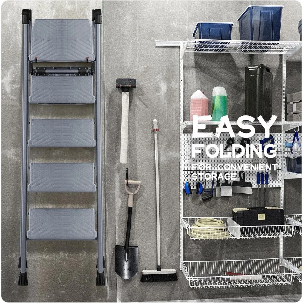Escalera de 5 escalones, escalera de taburete plegable con pasamanos y bandeja, pedales anchos resistentes de 660 libras, plegable de acero resistente L