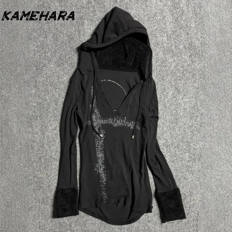 

KAMEHARA American Vintage Black V-Neck Printed Hooded Long Sleeve Sweatshirt Stylish High Street Pullover Hooded Top Streetwear