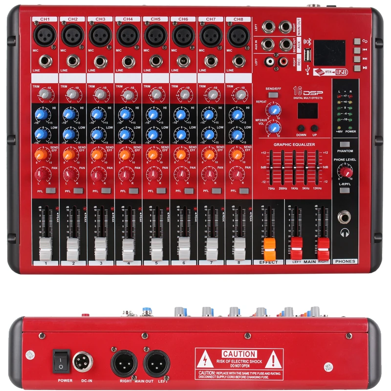 

Dazzling Red 8 Channel XLR 6.35mm Audio Mixer 8-Input Gain Bluetooth MP3 USB Musich Phones AUX Mixing Console MiCWL MR800