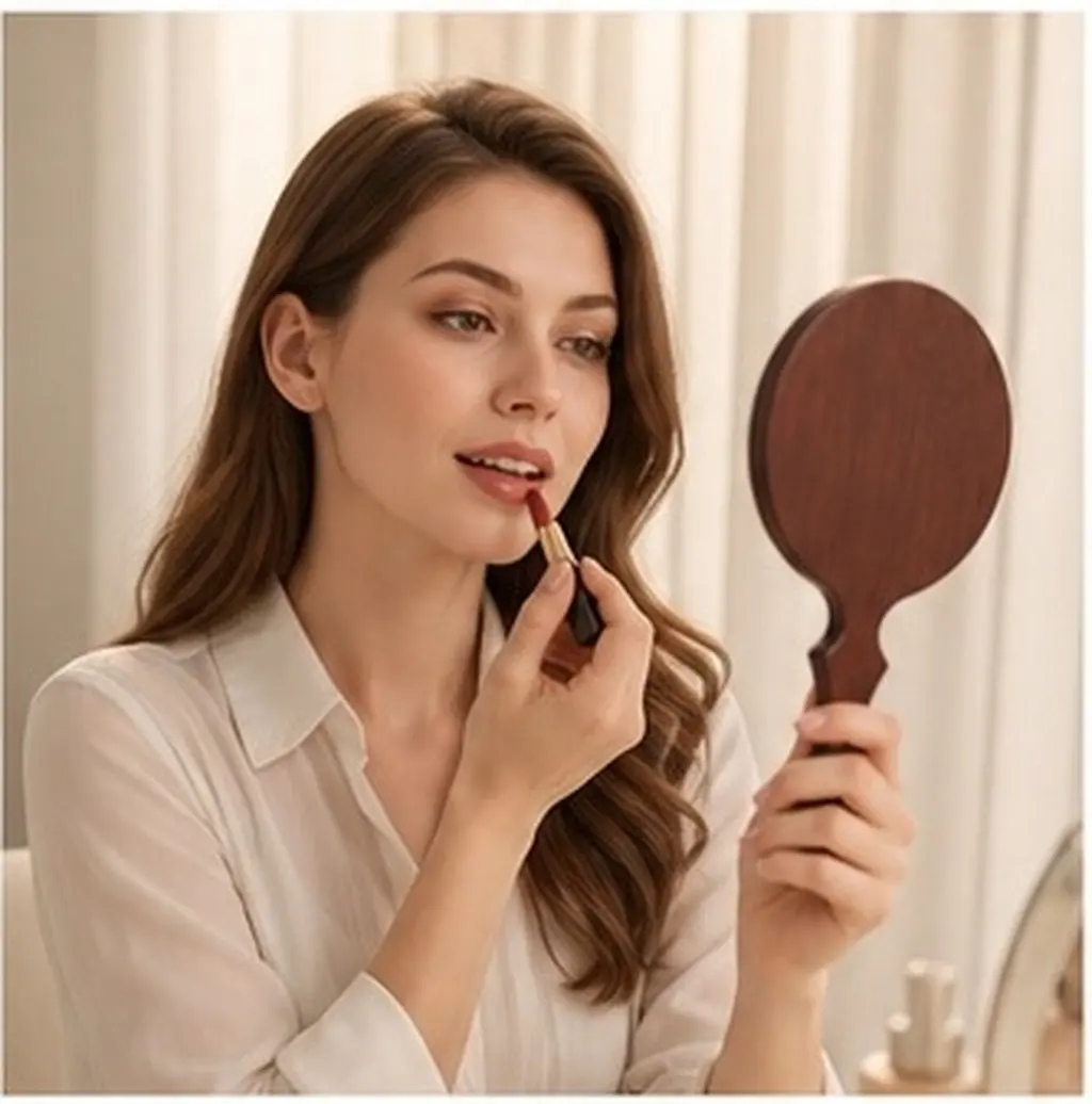 Small Vintage Hand Held Makeup Mirror Wooden Handle Portable Travel Makeup Mirror Clear Precise Reflection Personal Hand Mirrors