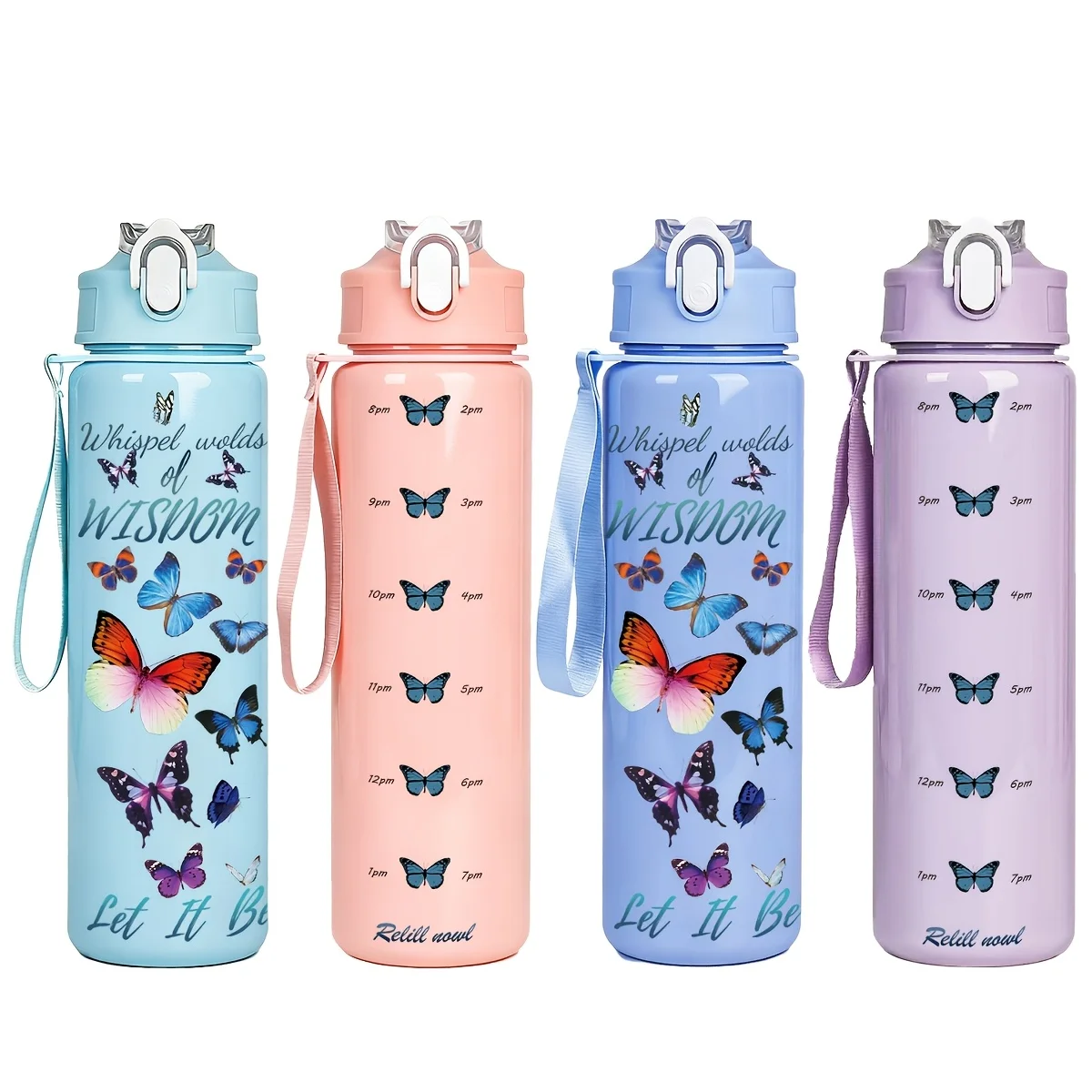 750ml Water Bottle with Time Marker & Butterfly Print, Leakproof Tritan Sports Water Jug with Straw for Gym, Outdoor, Daily Drin