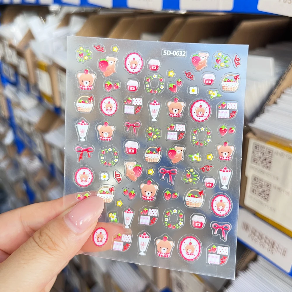 2 uds colorido 5D lindo oso Nail Art pegatina pastel fresa arco, corona de flores lindo oso estrellas cereza autoadhesivo manicura calcomanía