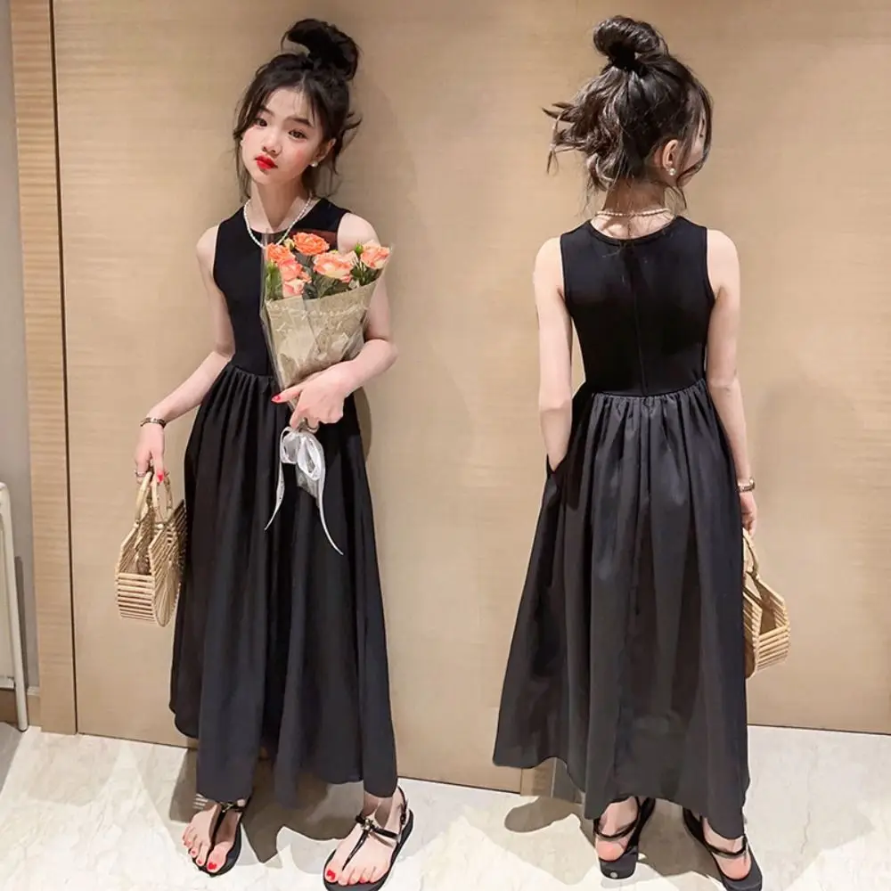 Casual Sleeveless Girl Princess Dress Loose Elegant Teens Party Dress Sweet Children Black Dress Kids