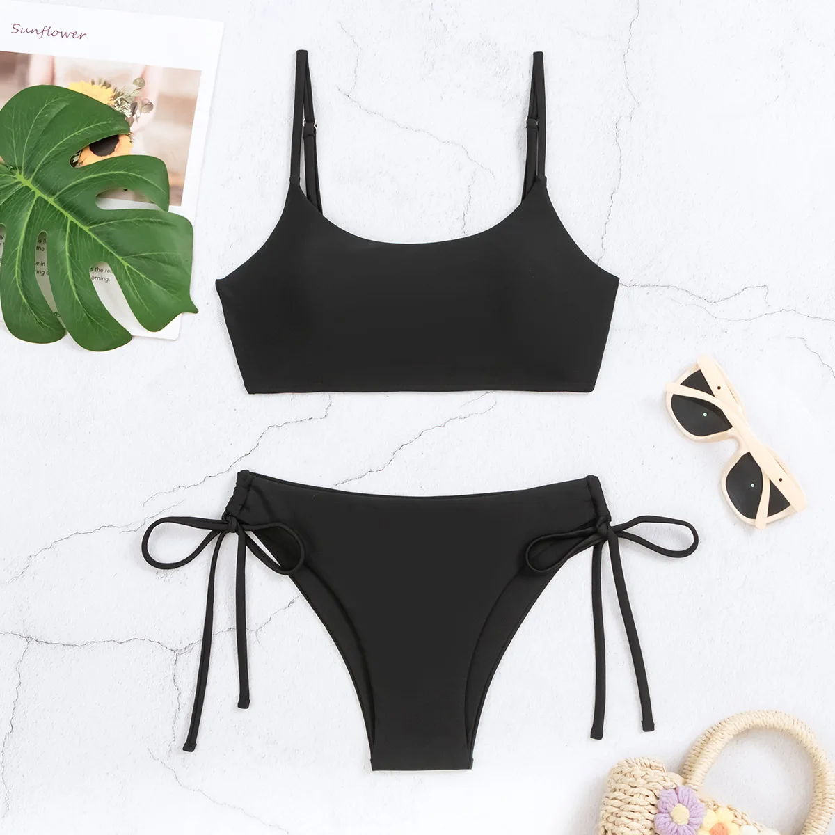 2024 Black Bandeau String Bikinis Female Swimsuit Women Swimwear Two-pieces Bikini Set High Waist Bather Bathing Suit Swim Lady