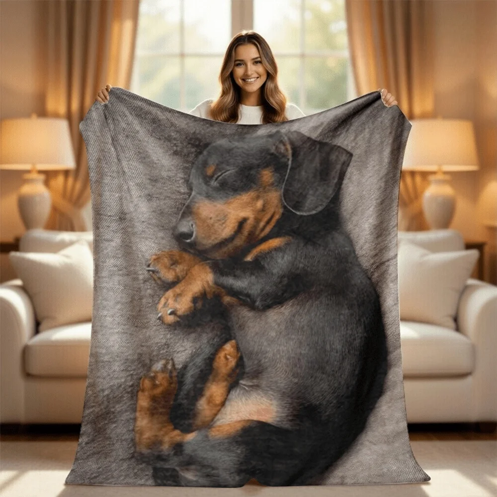Blanket dachshund puppy print throw blanket sleeping dog realistic decorative cover for couch bedroom travel camping home decor