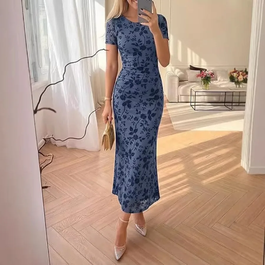 

【New style】2026 new women's summer floral waist waist figure-fitting elegant short-sleeved mesh dress