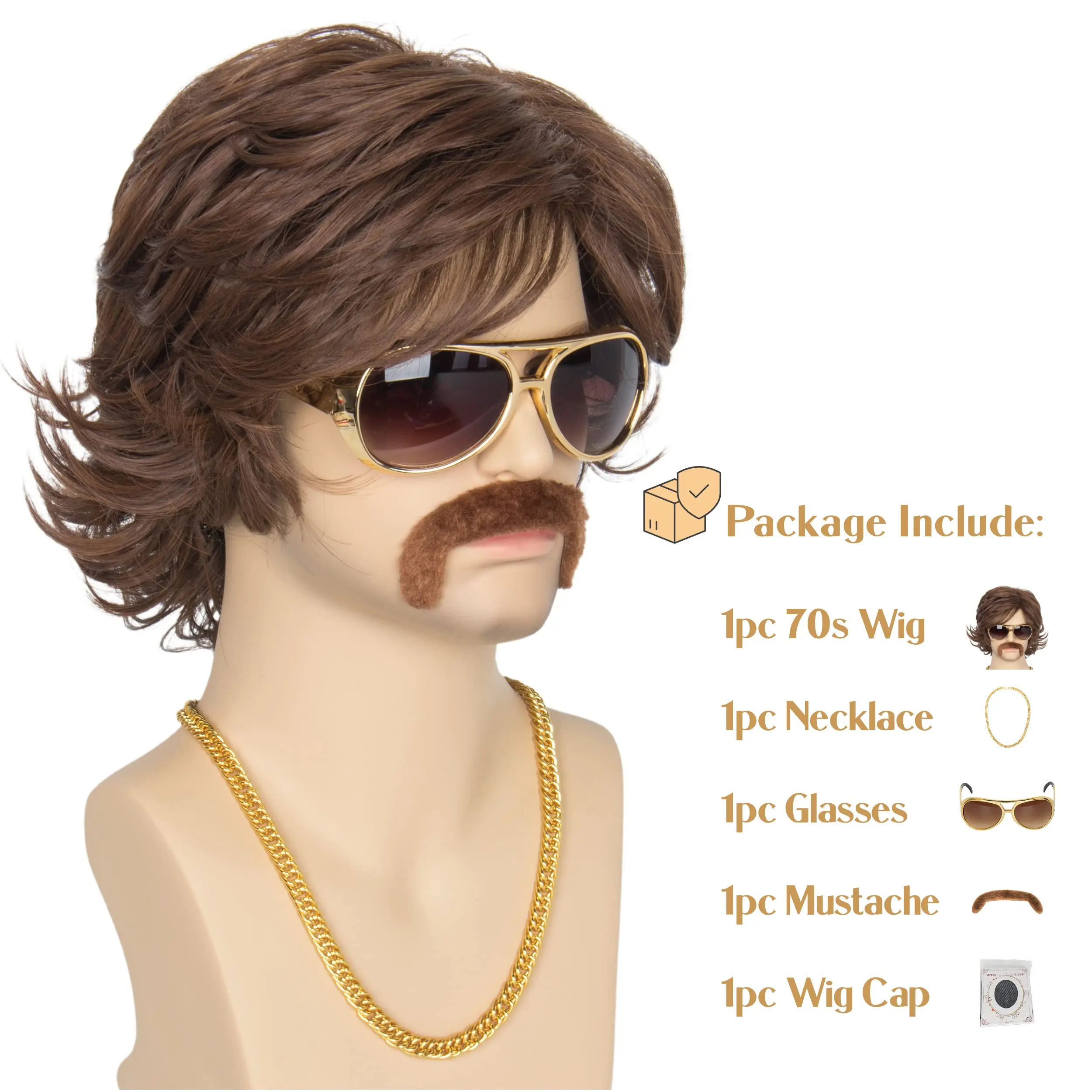 

Missuhair Short Wavy Brown Wig for Men 70s Retro Rocker Wig Party with Retro Glass and Necklace