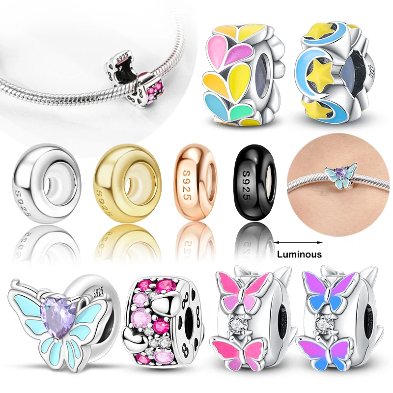 

Silver 925 Four-color Round Silicone Spacer Beads Luminous Charm Butterfly for Women Diy Original Bracelet High-end Jewelry Gift