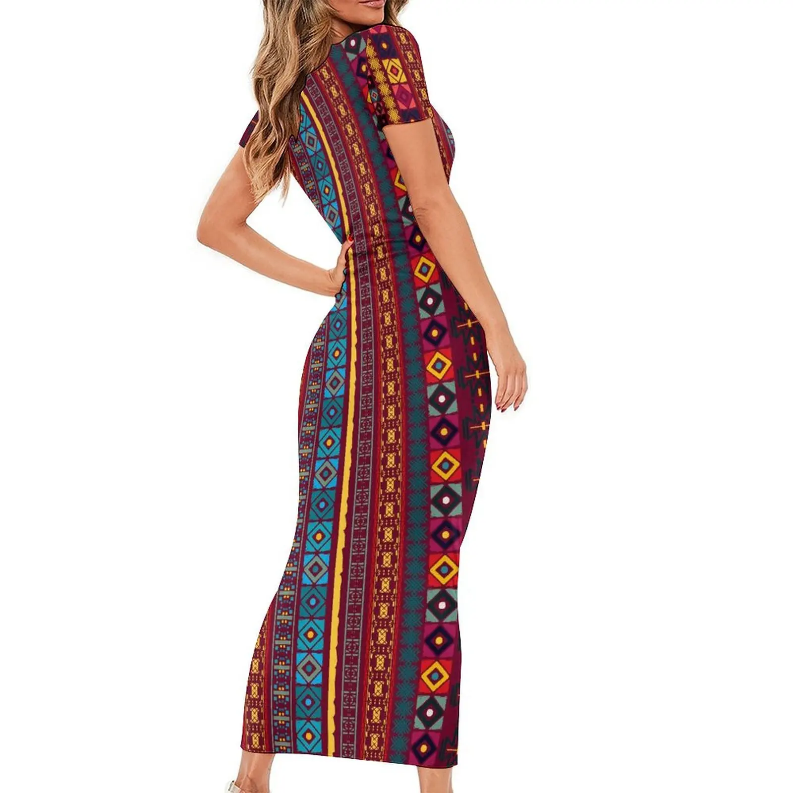 Vestido estampado tribal manga curta vintage étnico boho night club maxi vestidos primavera padrão estético bodycon vestido tamanho grande 5xl