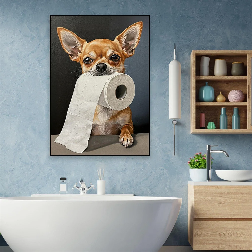 Multiple sizes 1pc frameless Canvas Painting,Funny Animal Dog Bathroom Wall Art Poster English Cocker Spaniel with Toilet Paper