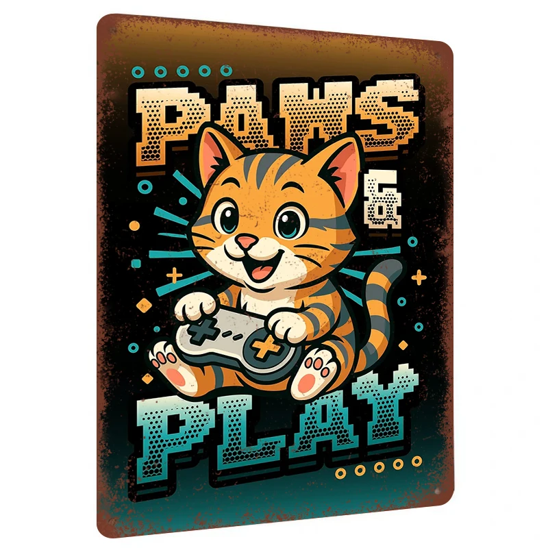 Cute Cartoon Cat Gaming Controller Metal Tin Sign Retro Pixel Art Home Decor for Kids Room Bedroom Wall Hanging