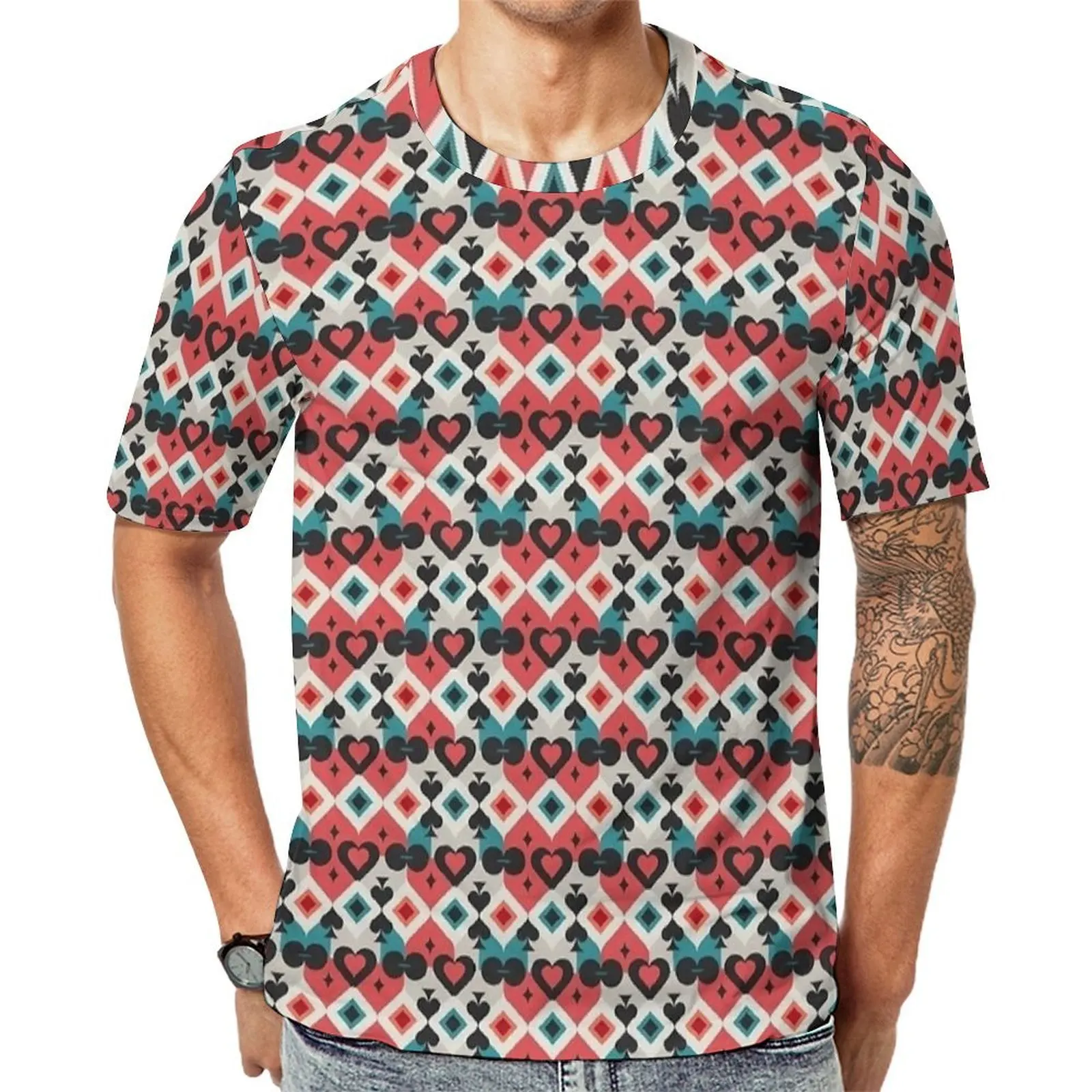 Man Retro Card Suit Diamond Pattern T Shirt  Hippie T Shirts Short-Sleeve Graphic Tshirt Wholesale Premium Casual Plus Size Tees