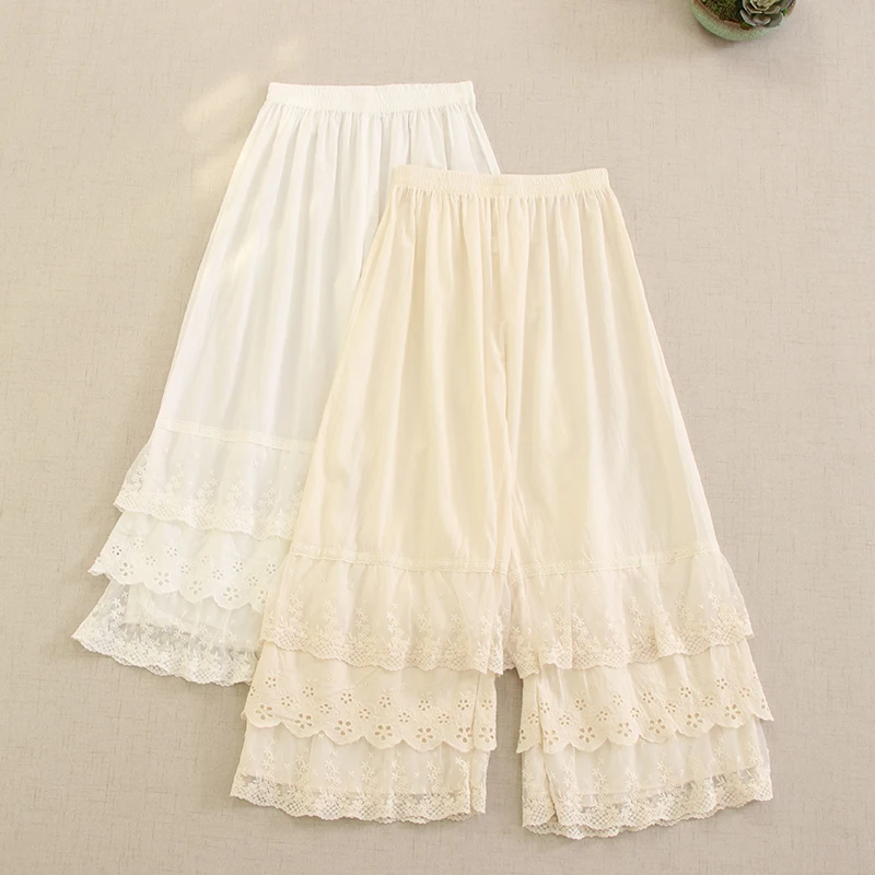 

Spring Summer Japanese Sweet Mori Girl Lace Embroidery Hem Wide Leg Pants Women Elastic Waist Casual Loose Cotton Cropped Pants