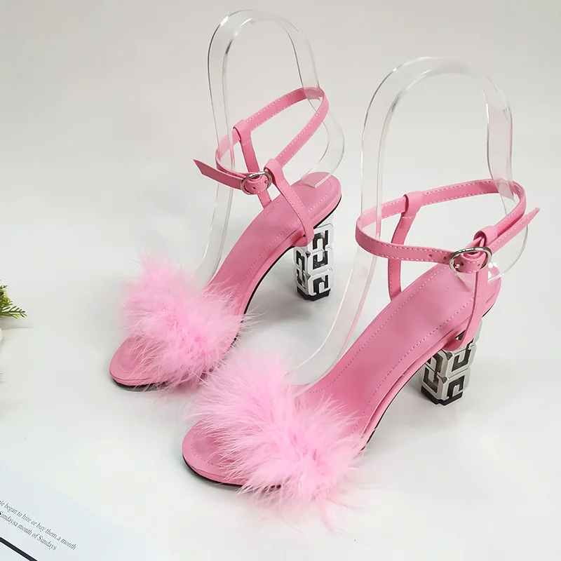 

Solid Colors Mink Fur Sandals Summer Sexy Fashion Women Shoes Square High Heel Strappy Shallow Pumps Open Toe Sapato Feminino