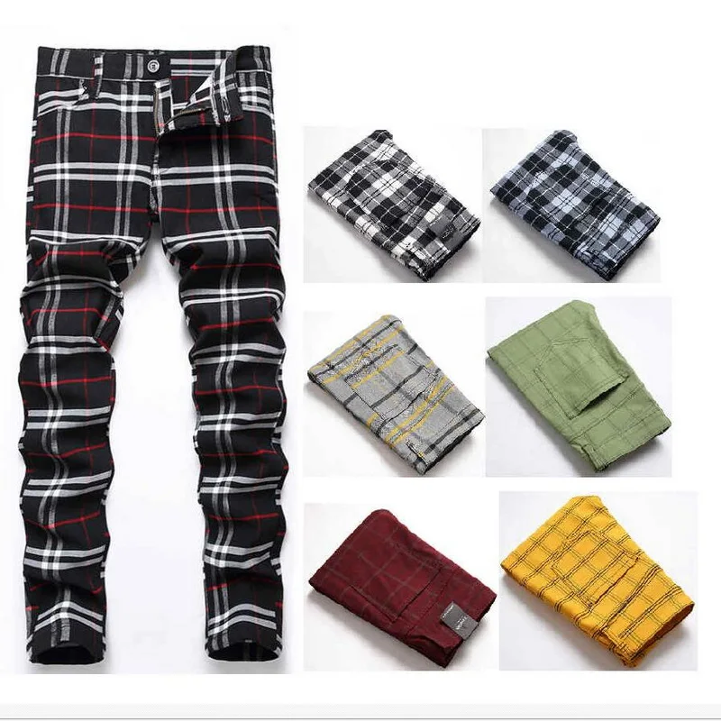 Men Business Casual Pants , Pencial Checked Trousers,Street Wear High Stretchy Scottish Style Pants