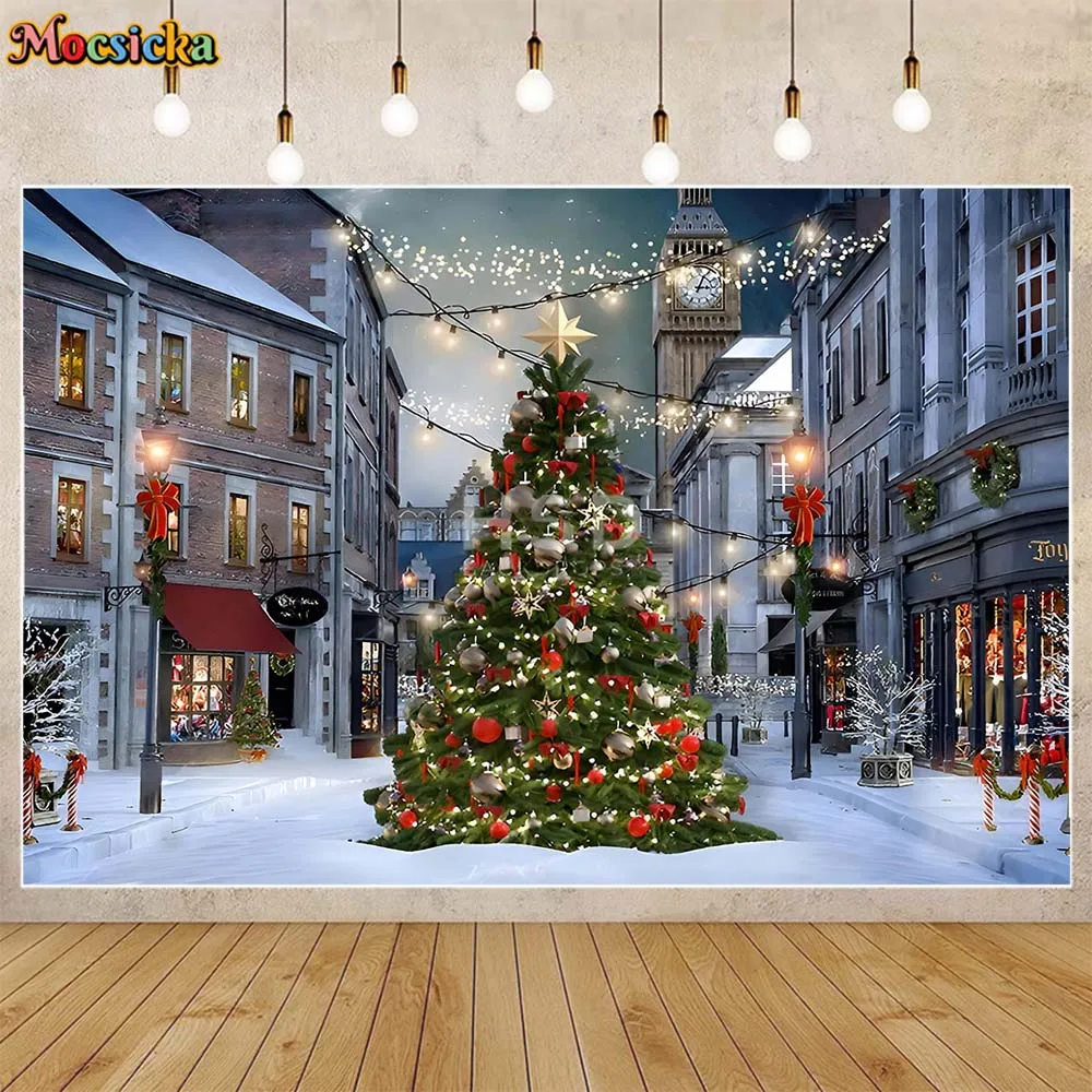

Mocsicka Christmas Tree Photography Background Winter Snow Street Building Outdoor Xmas Decoration Children Photoshoot Backdrops