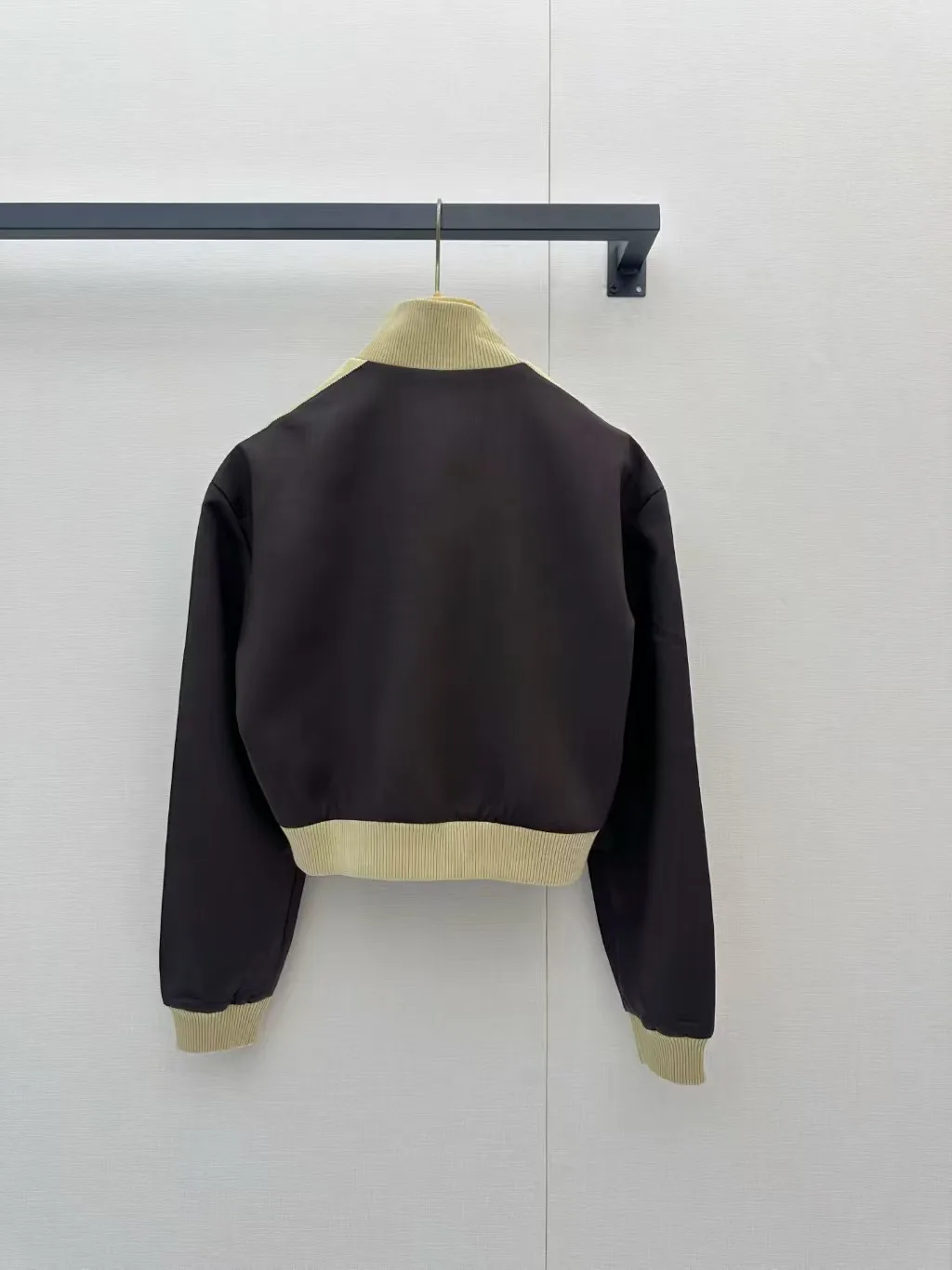 New dark brown contrasting striped sport short stand up collar zipper embroidered ribbed edging retro college jacket for women