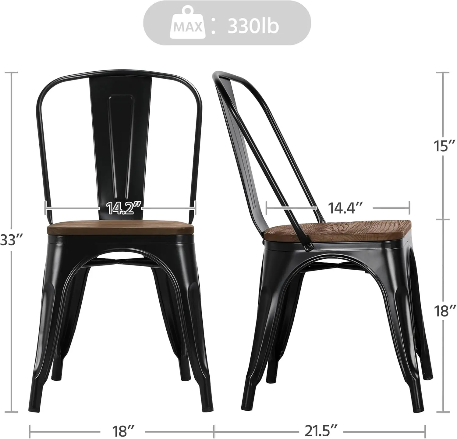 18 Inch Classic Iron Metal Dining Chair with Wood Top/Seat Indoor-Outdoor Use Chic Dining Bistro Cafe Side Barstool Ba