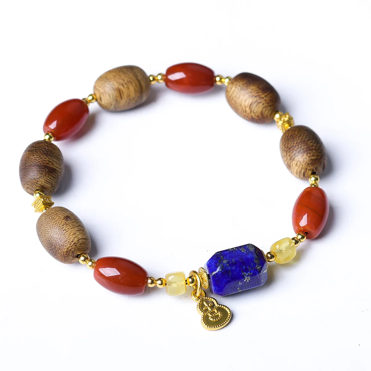 Original Green Qi Nan Barrel Beads Bracelet with South Red Agate & Lapis Lazuli: New Chinese Style Jewelry Gift