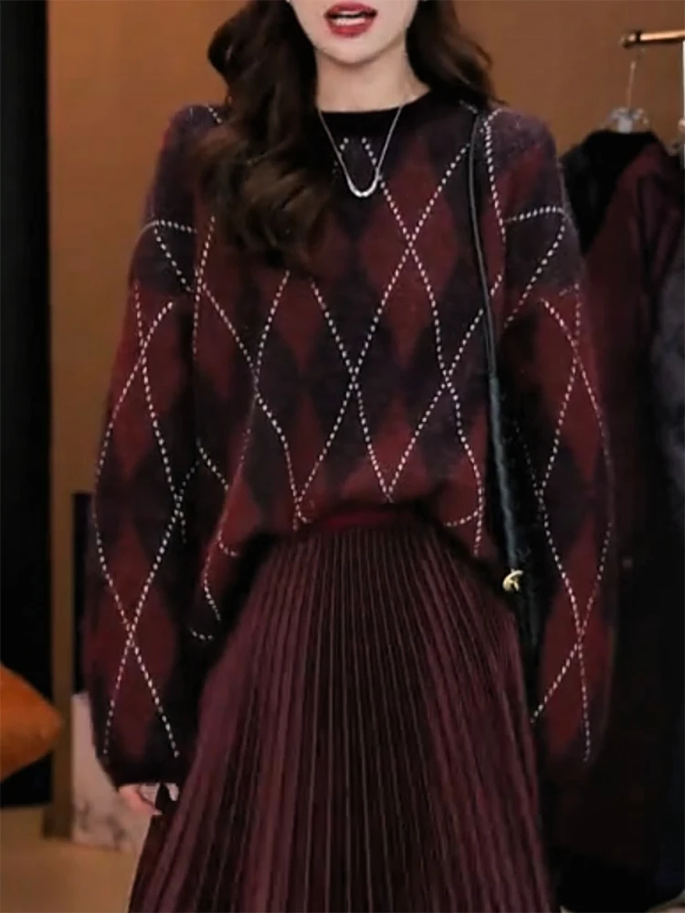 

Korean Sle Vintage Diamond Pattern round Ne Sweater plus Size Versatile Slimming Top for Autumn Winter Snow Dreng Wool...