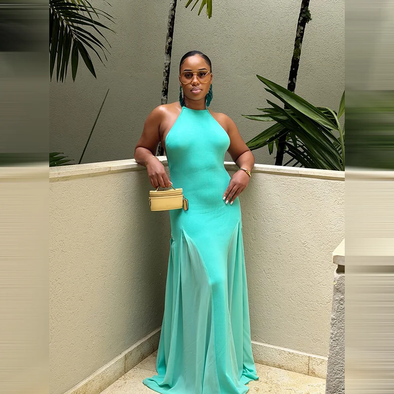 Women's Halter Neck Open Back Maxi Dress Ribbed Knit Top Flowy Chiffon Hem Bodycon Female Summer Evening Vacation Party Dress view 3