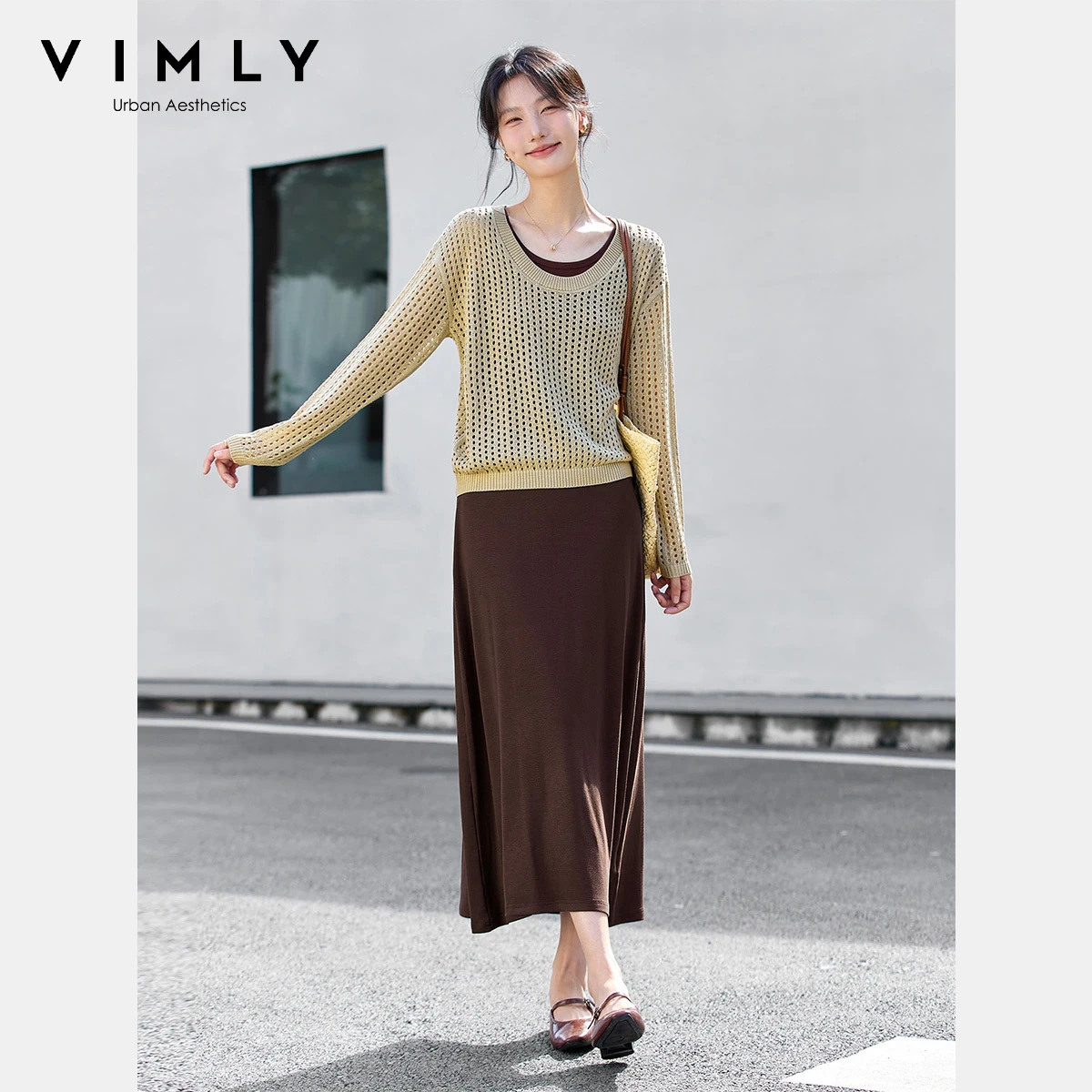 

VIMLY Women's Two-piece Dress Casual Hollow Out Knitted Tops Long A-line Suspender Dresses Vintage Ladies Sets 2025 Autumn 30288