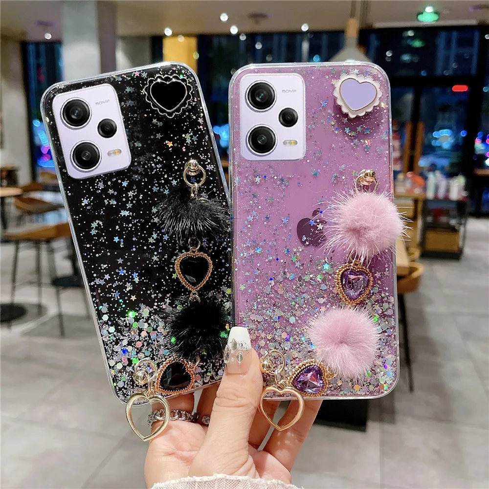 Redmi 13C Case Glitter Love Heart Plush Bracelet Phone Case For Xiaomi Redmi Note 12 13 Pro 12 12C A1 12T 13 Lite POCO X5 Cover