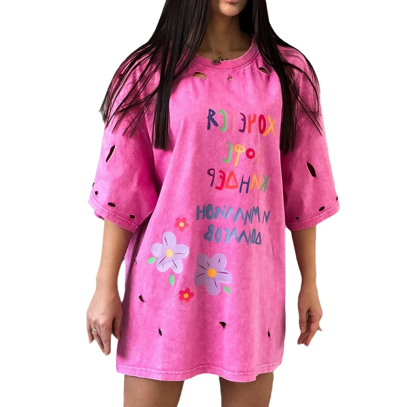 Waed American Sle Loose Women's T-irt Casual round Ne ort Sve Top Vintage Print Spring Faion Ladies' Tee