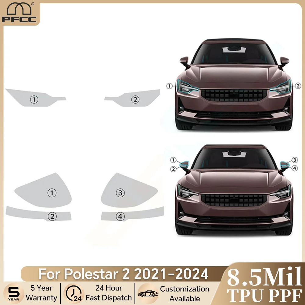 

For Polestar 2 2021-2024 Pre-cut PPF Bra Car Headlight Rearview A B Pillars TPU Paint Protection Film Anti-scratch Clear Kit