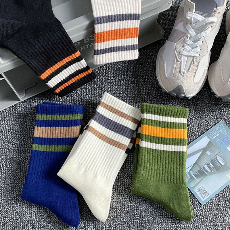 5 Pairs Men Autumn And Winter Striped Sports Socks Comfortable Breathable Wear-resistant Warm Polyester Cotton Mid Tube Socks