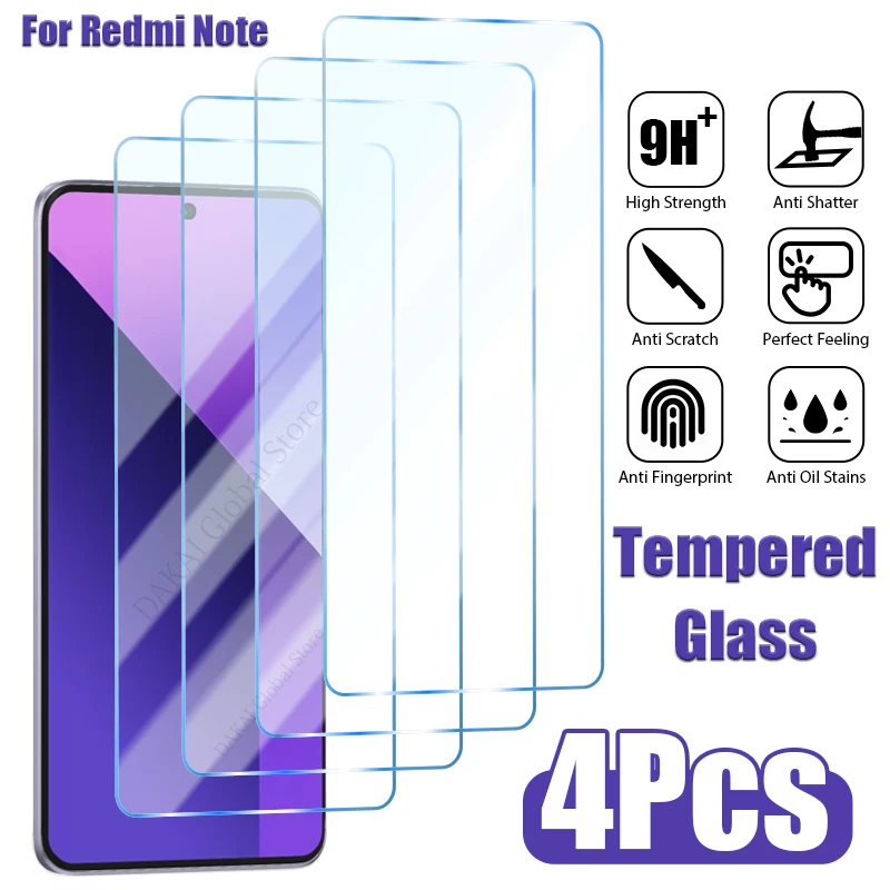 4PCS Tempered Glass For Xiaomi Redmi Note 13 Pro 12 11 10 9 8 Pro Plus 5G 10S 11S 9A 9C Screen Protector for Redmi 12 12C 10C 7