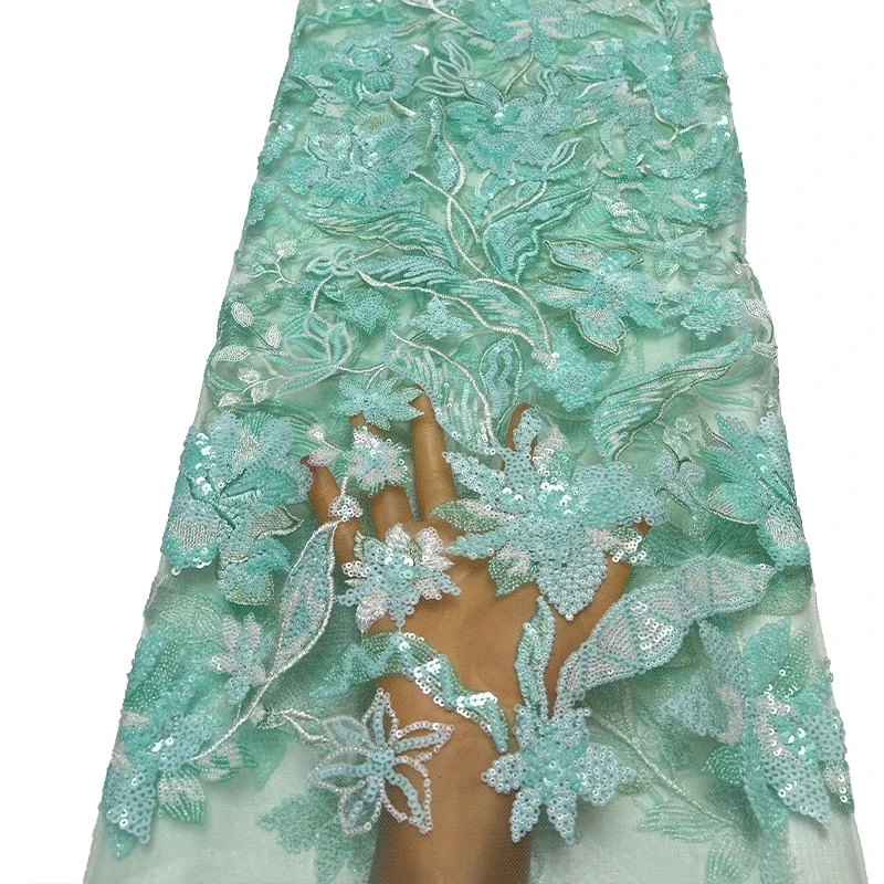 French luxurious lace mesh fabric, African high-quality peony beads, leaf and sequin embroidered lace fabric sewn fabric dress