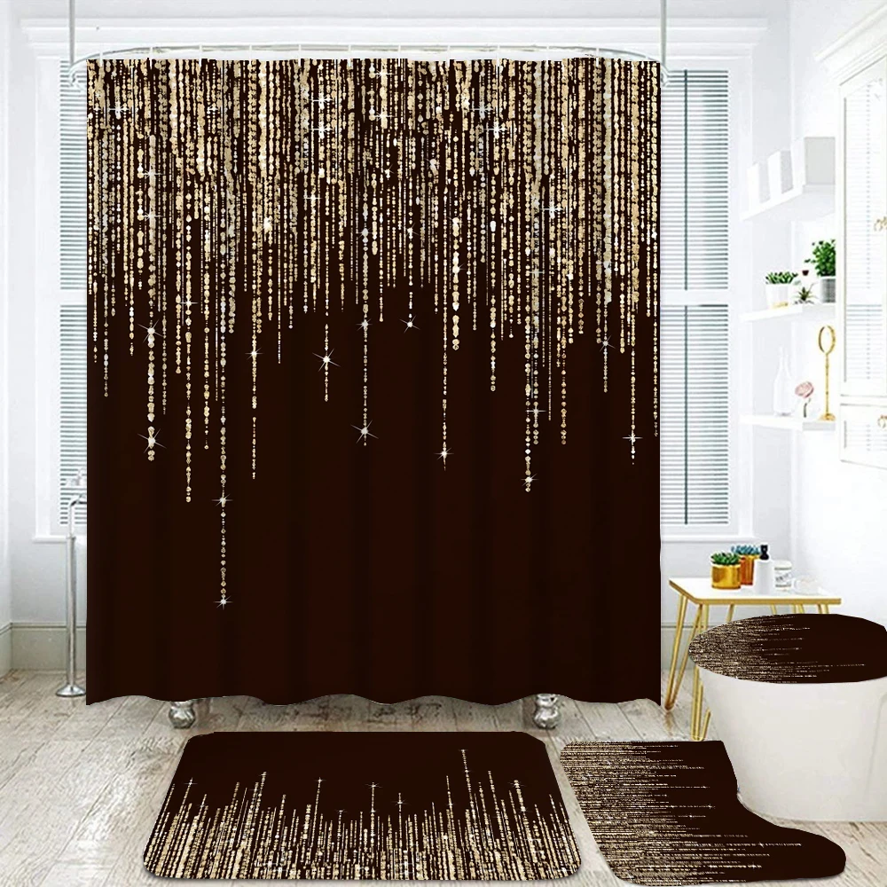 Black Golden Shiny Glitter Printed Shower Curtain Set Modern Fabric Bathroom Curtains and Non-Slip Bath Mat Toilet Cover Decor