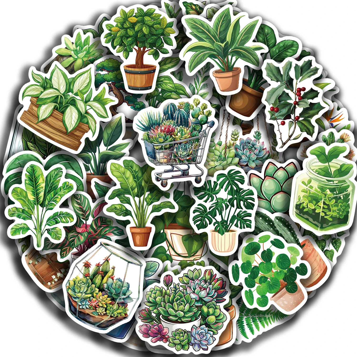 Autocollants waterproof motif plantes vertes et feuilles pour enfant, stickers graffiti, dessin animé, DIY, pour téléphone, ordinateur portable, valise, tasse, jouet, 50 pièces