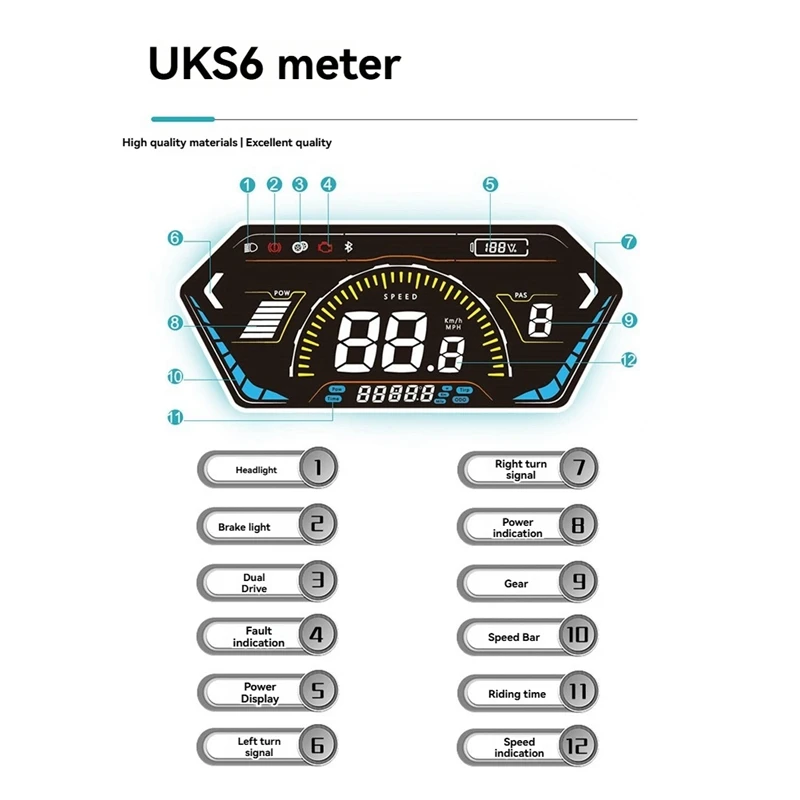 UKS6 Electric Scooter LCD Meter 24V-72V Color Screen E-Bike Smart Display Electric Bicycle Dashboard SM 5PIN