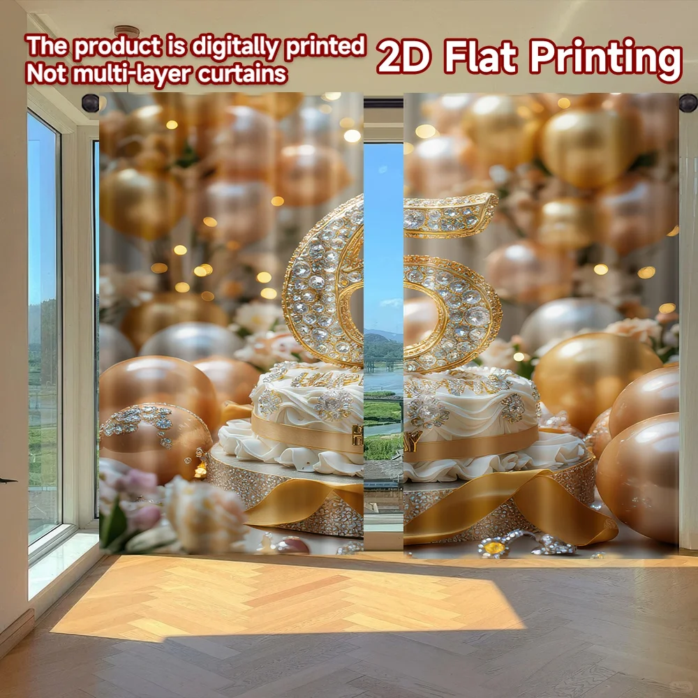 

2D flat printing 2pcs Curtain Birthday Celebration Gold Balloons(1) Digital Printed Polyester Drapes Festive Wall Decor Perfect
