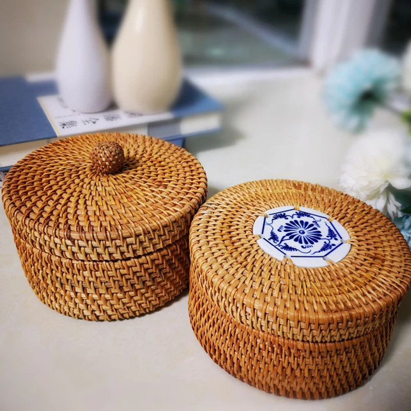 Handmade Storage Box Woven Baskets Picnic Rattan Basket Wicker Small Woven Storage Bin Autumn Vines Handwoven Basket With Lid