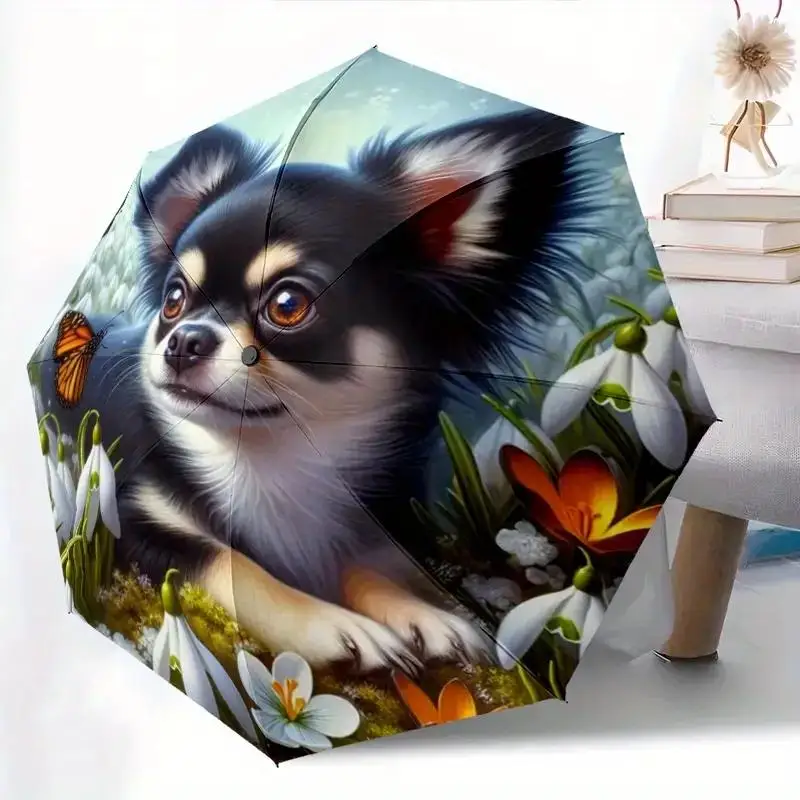

Автоматический зонт с милым дизайном в виде чихуахуа и цветочным узором с бабочками - компактный складной зонт, прочный железный каркас (1 шт.)