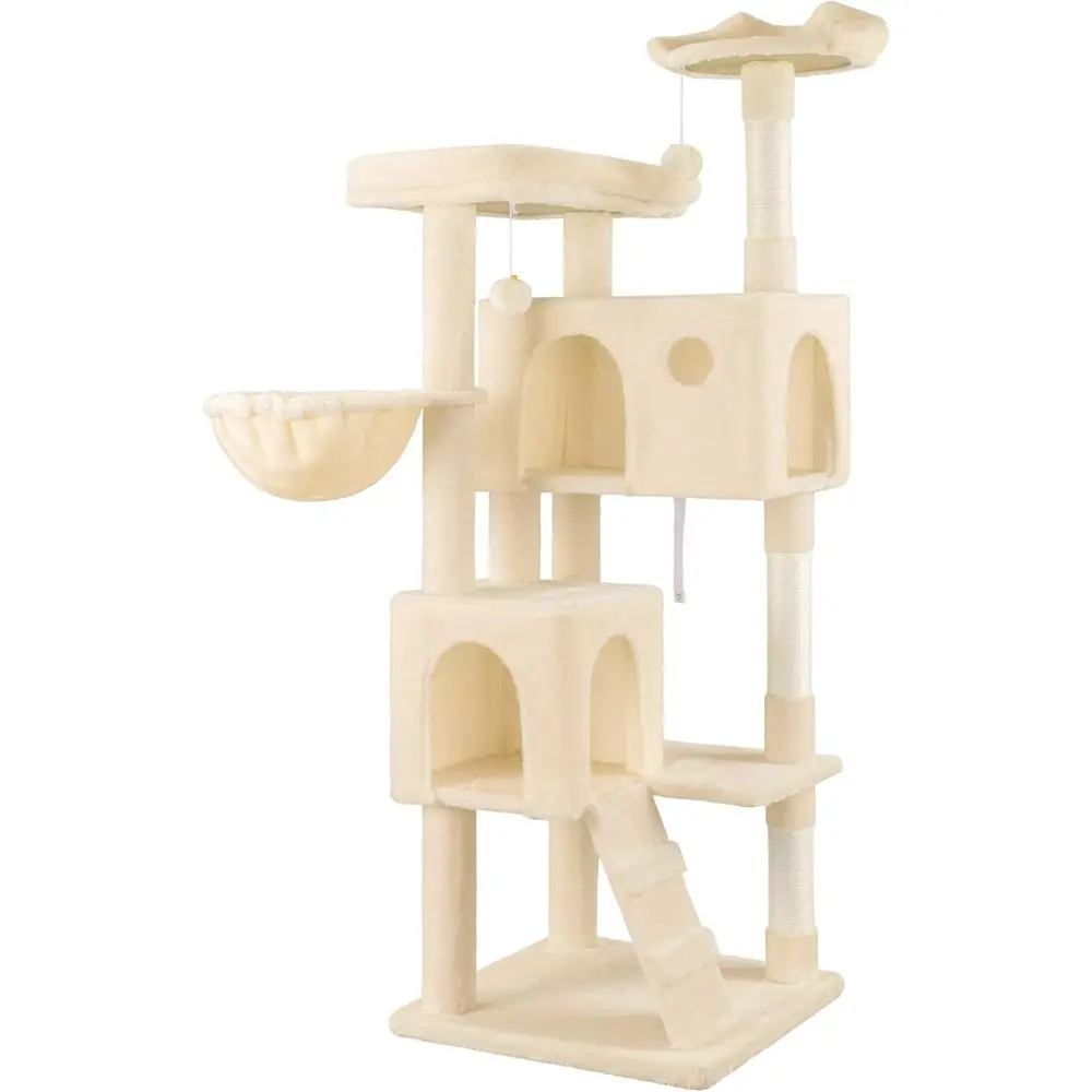

64-inch Multi-Level Cat Tree with Plush Perches, Resting Condo, Baskets, Hammock, and Sisal Scratching Posts in Beige