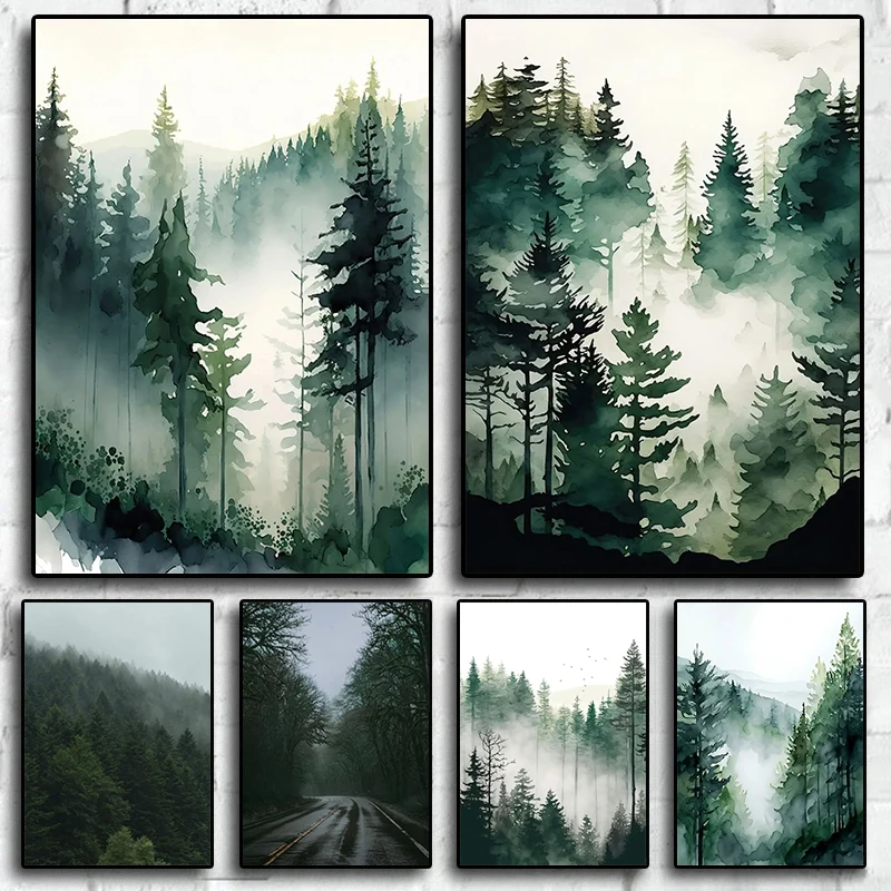 Foggy Mountain Misty Forest Pine Sage Green Wall Art Canvas Painting Nordic Poster and Prints Wall Picture for Living Room De