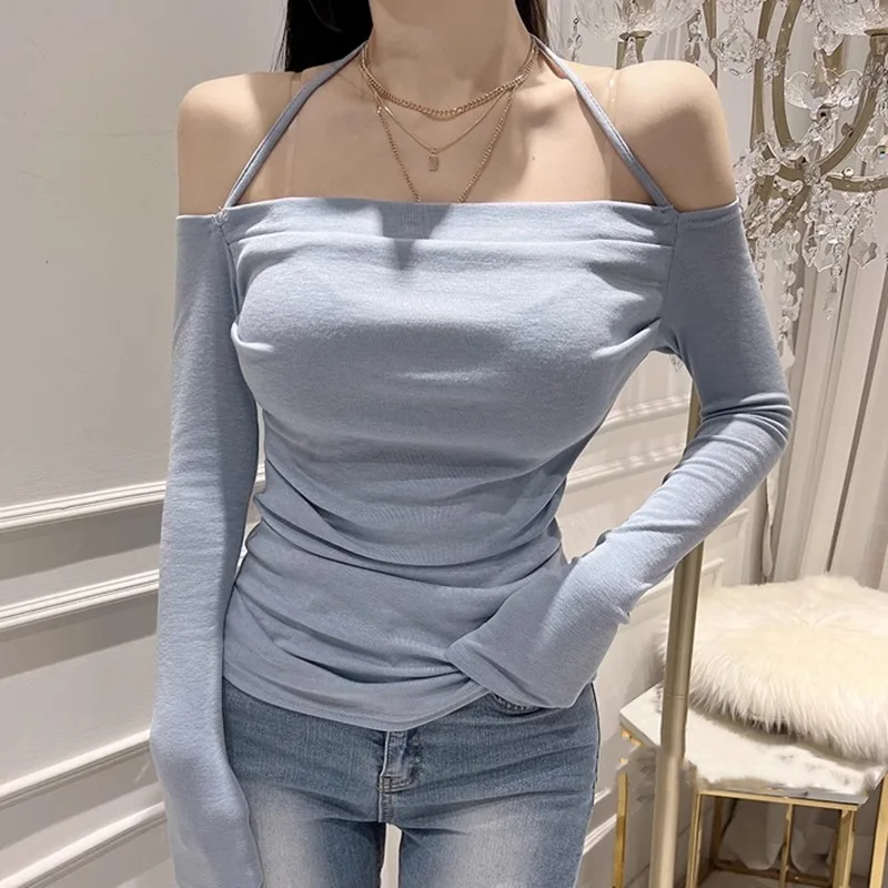 New sexy neck tie, shoulder baring collar, pleated slim fit, long sleeved, one cut neck autumn T-shirt