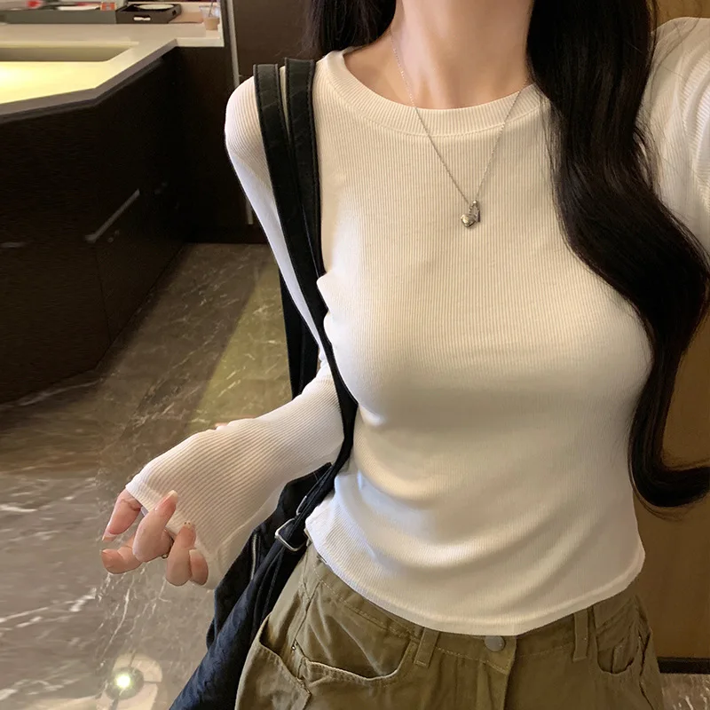 New Women's Solid Color Crew Neck Long Sleeve Top Slim Comfortable Trendy Versatile Casual Fashion Stylish Elegant Pullover Top